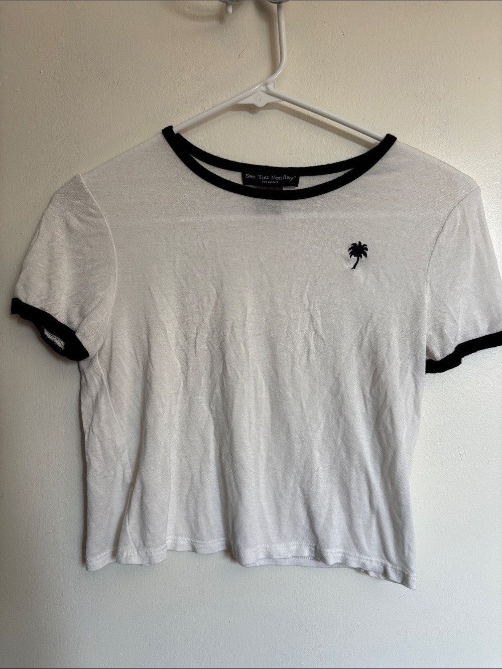 See You Monday White Crop Tee with Black Trim